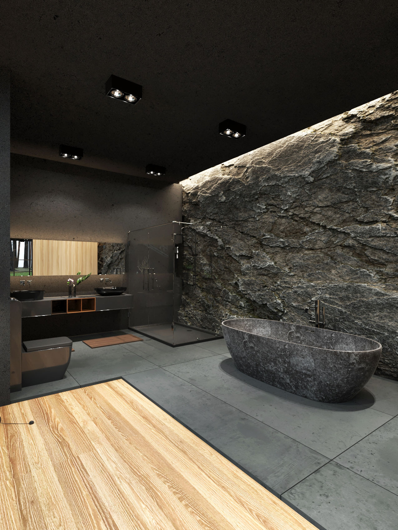 bathroom with natural stone walls 