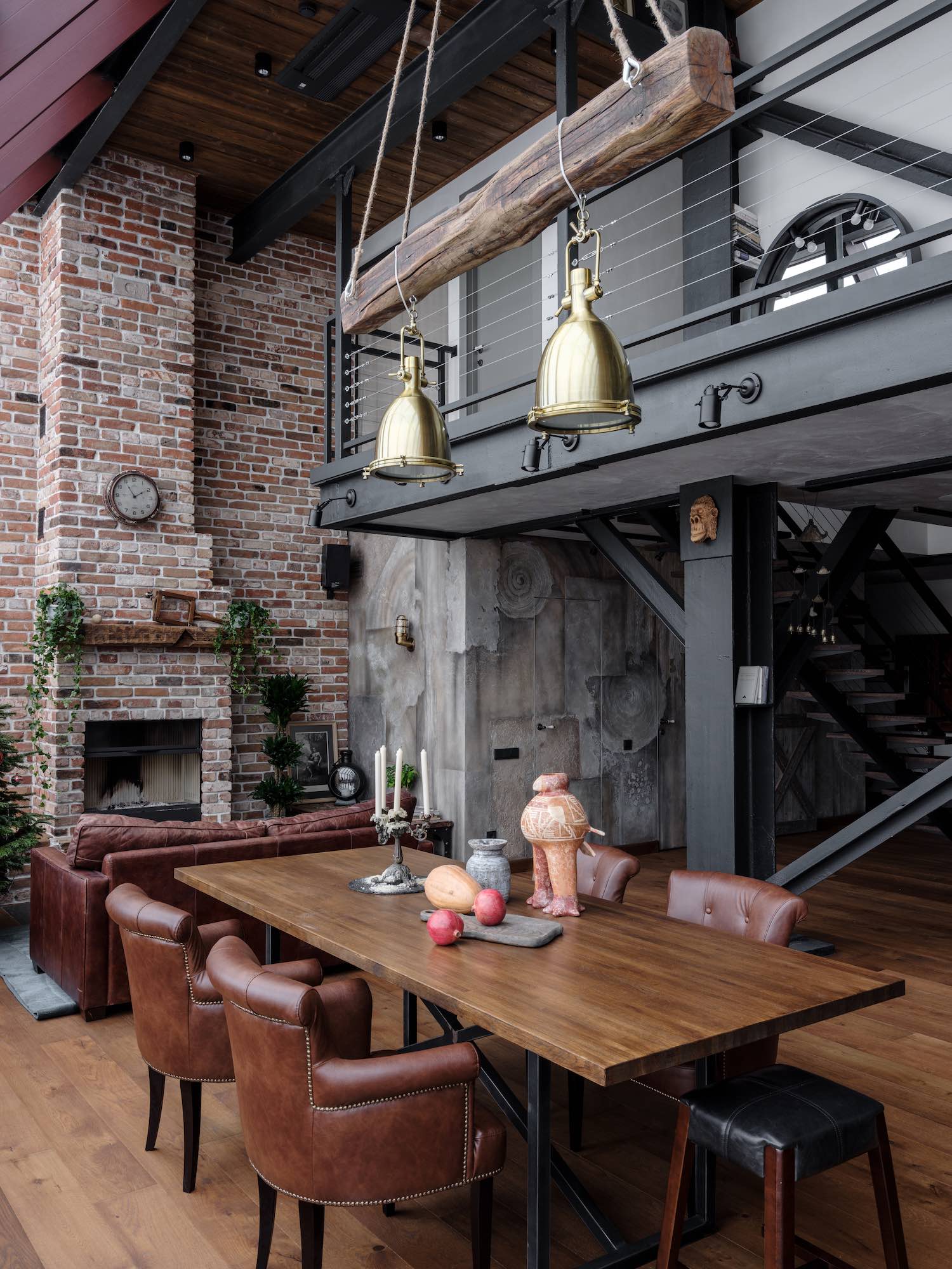 an industrial loft with cozy living room and fireplace located in center of Moscow 