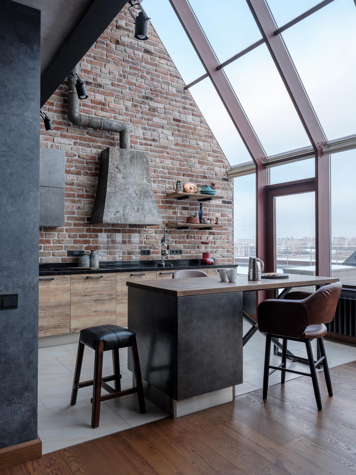 kitchen with large and high windows 