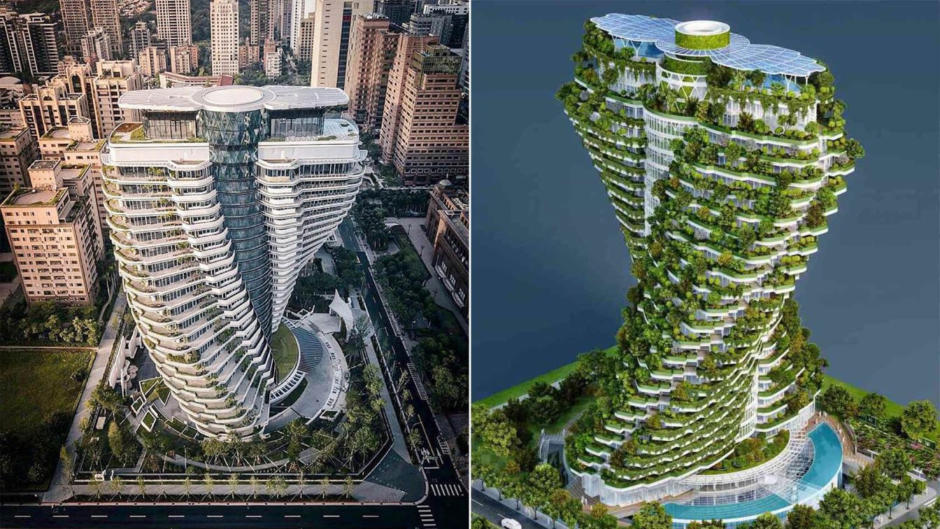 vincent callebaut's carbon-absorbing tower nears completion in taipei