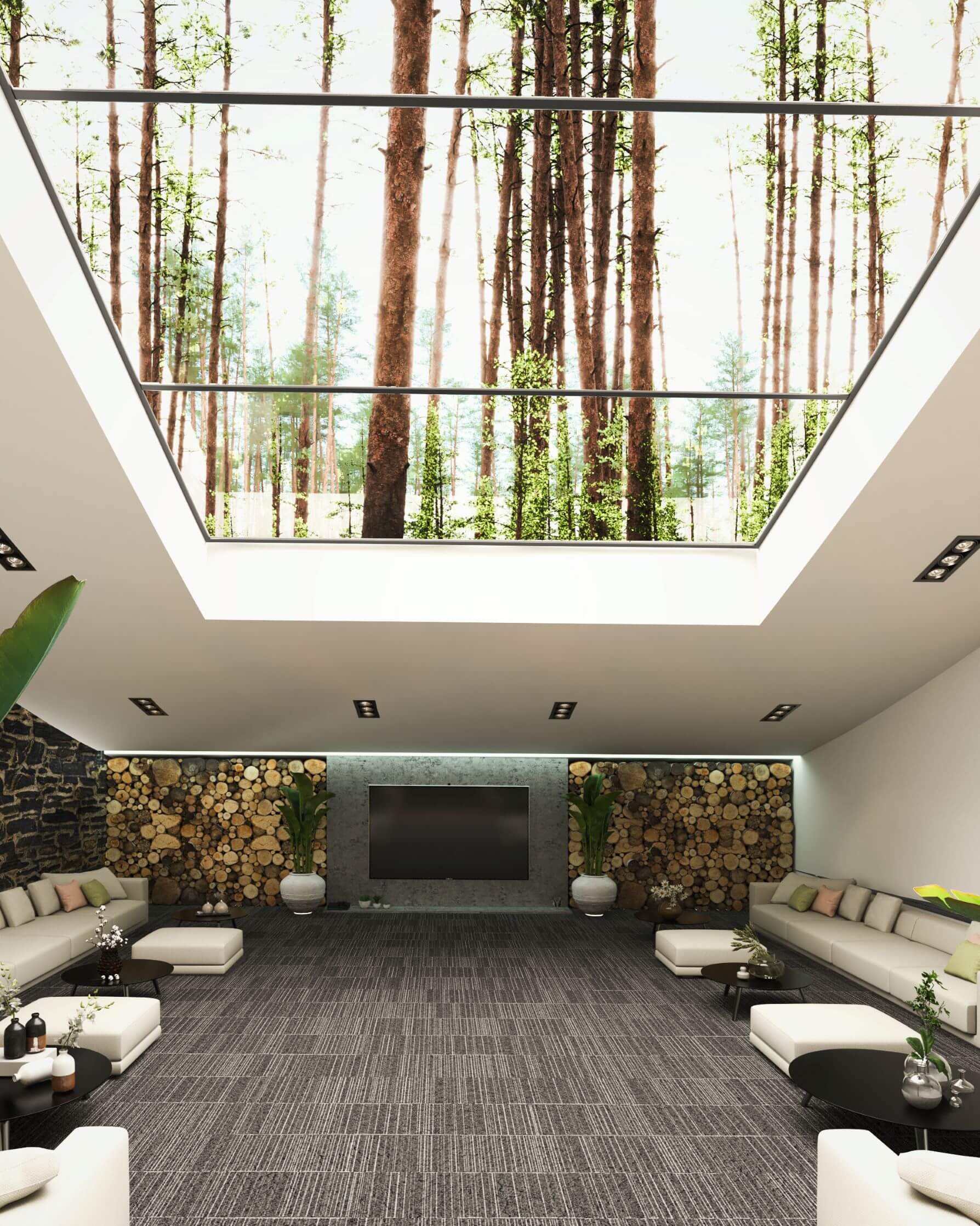 living room with skyight ceiling 