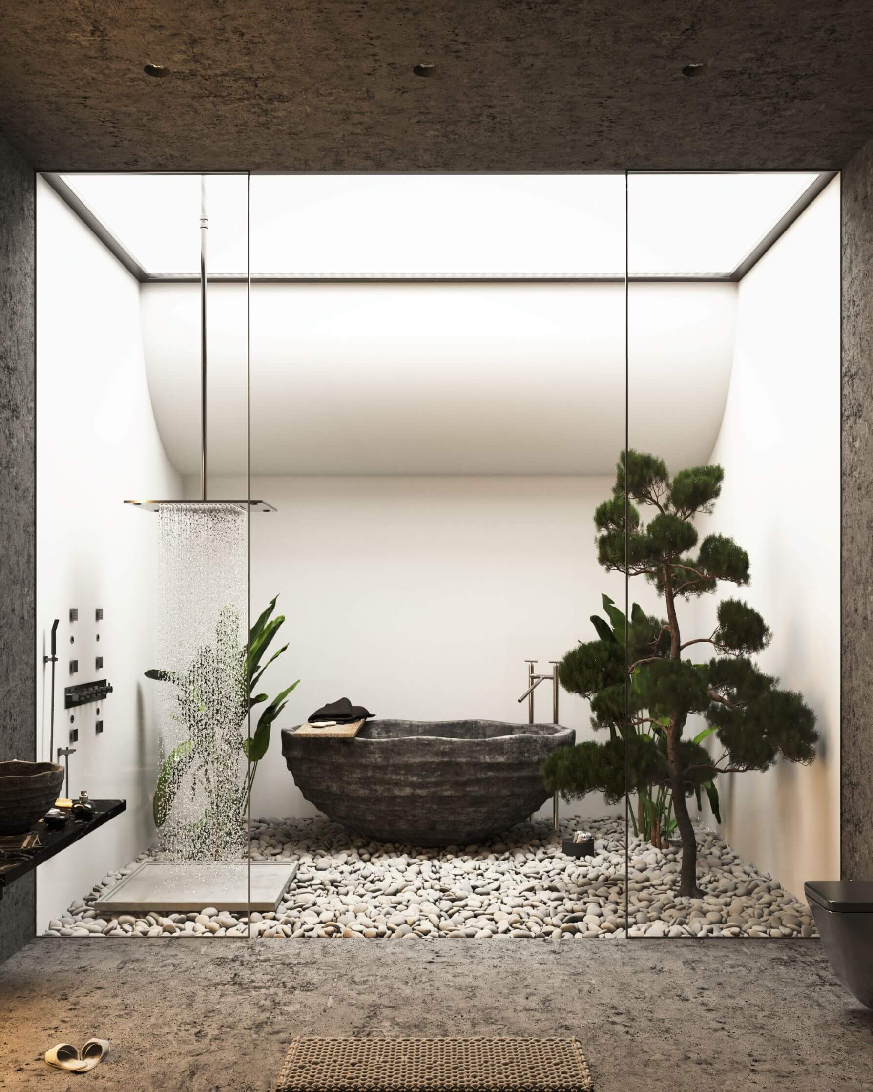 natural bathroom with stone bathtub 