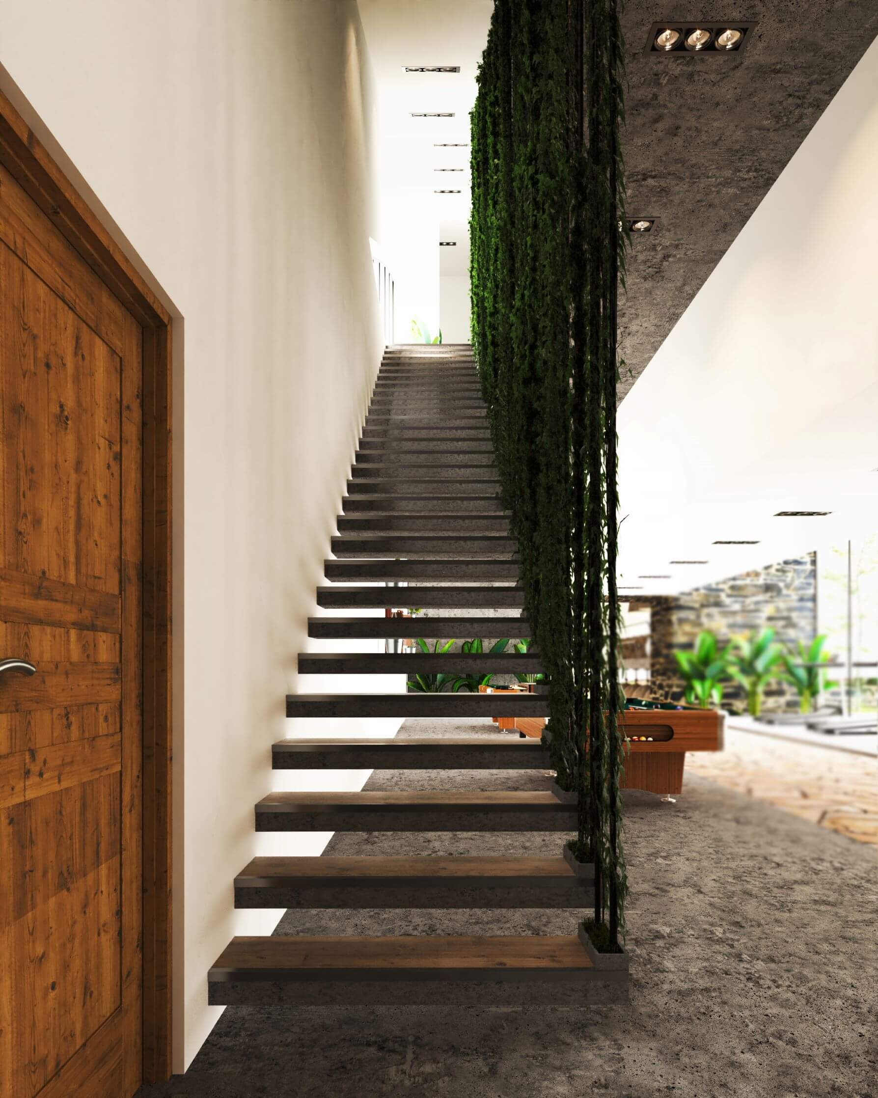 suspended staircase with green wall 