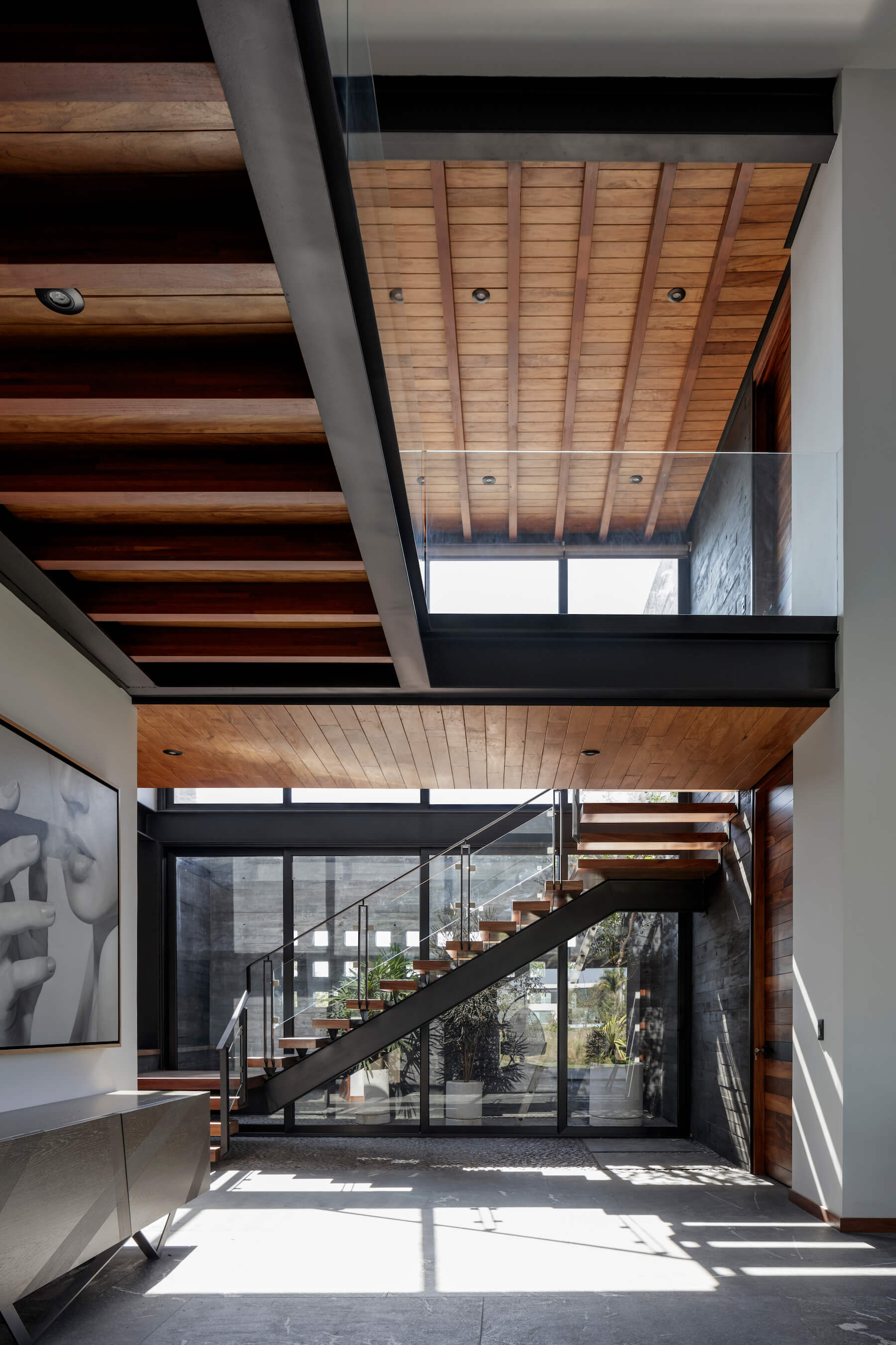 wooden ceiling and steel beams 