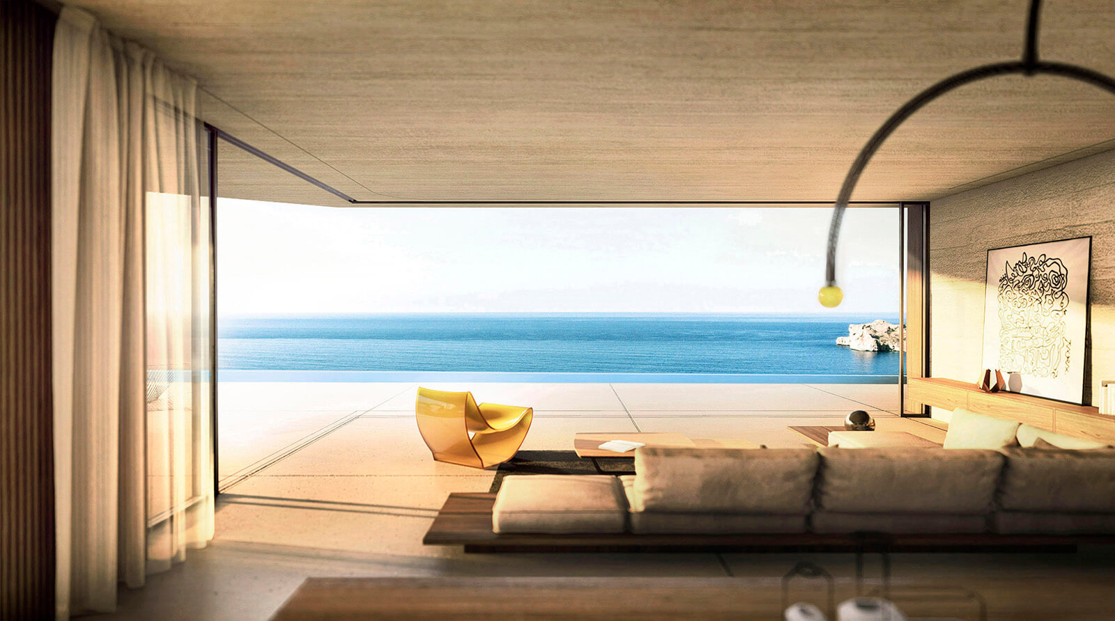 minimalistic living room with sea view 