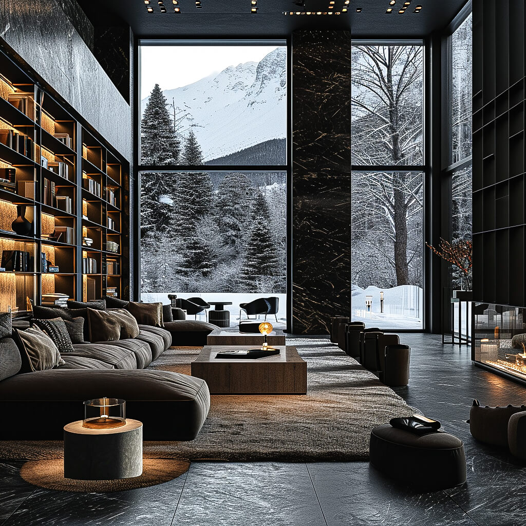 A modern hotel on a snowy winter day in|Visualization