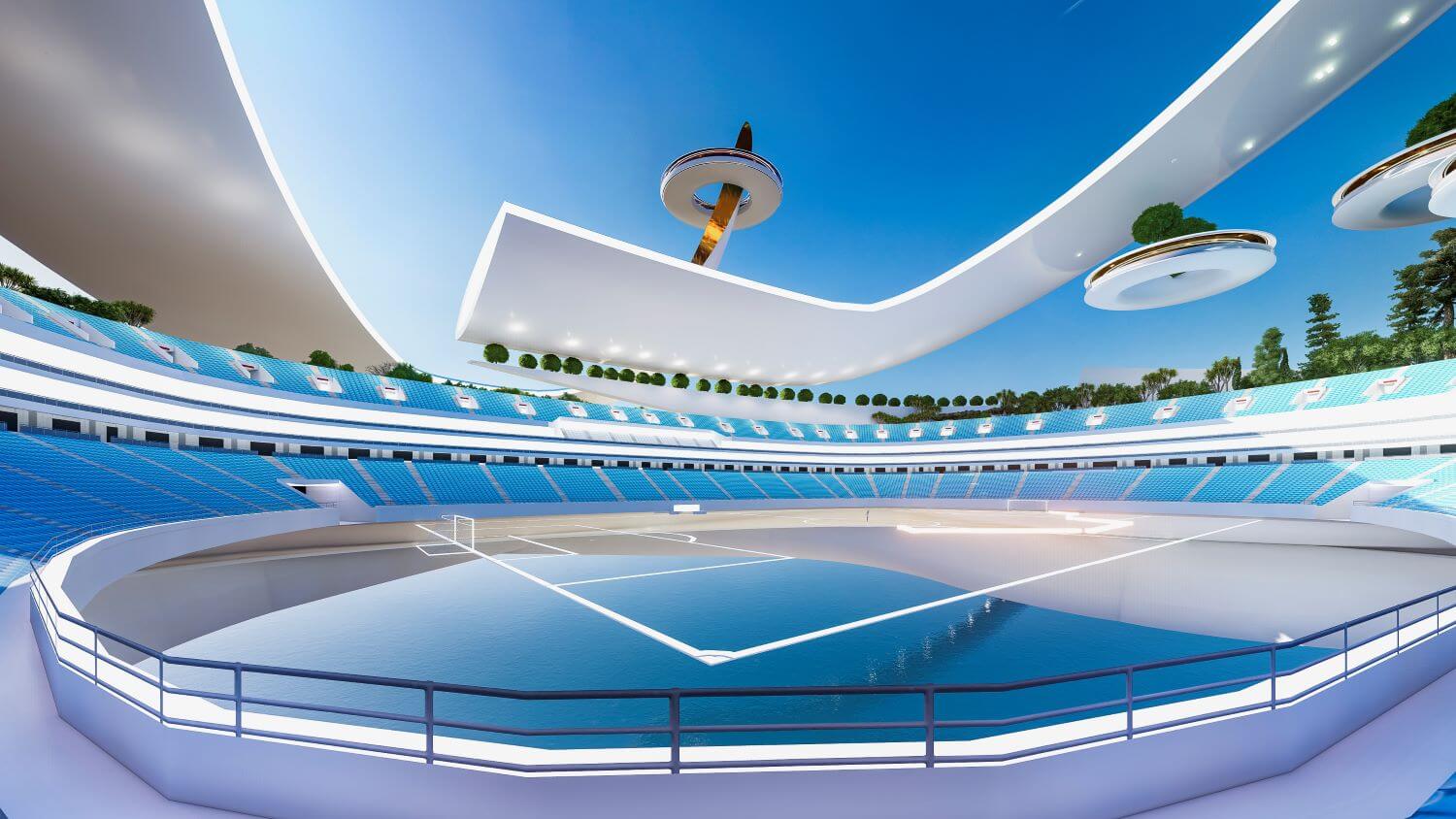 Estádio futurista metaverso interior arena esportiva de alta tecnologia